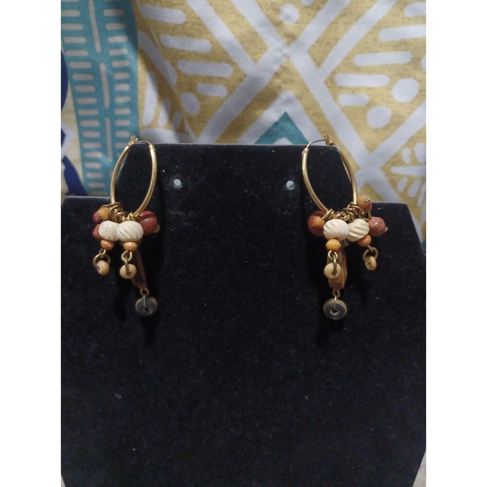 Vintage Boho Gold-Toned Hoop Earrings w/ Brown & White Beads